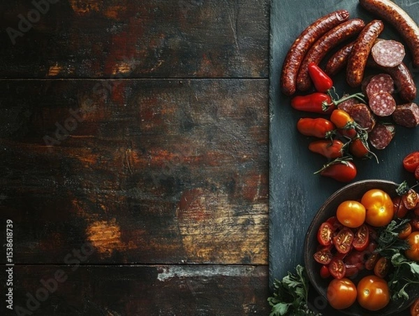 Obraz Overhead shot of assorted sausages and cherry tomatoes on dark wooden background.