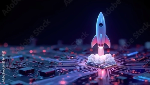 Obraz Fiery rocket with glowing flames ascends from microchip on electronic circuit board, symbolizing technological breakthrough and digital innovation in business technology, 3D rendered abstract concept.
