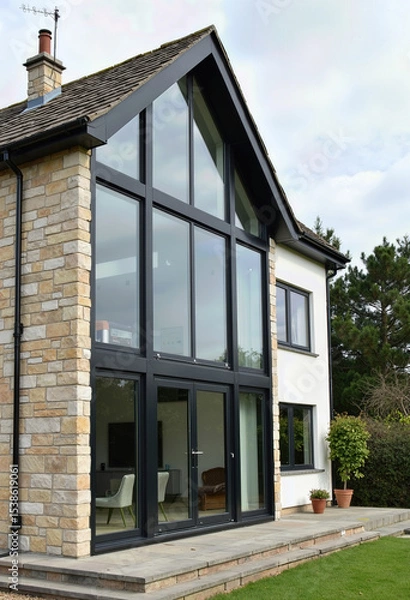 Fototapeta A striking modern house extension featuring a two-story glass wall with black frames, blending rustic sandstone cladding with a clean white render for a light-filled home.
