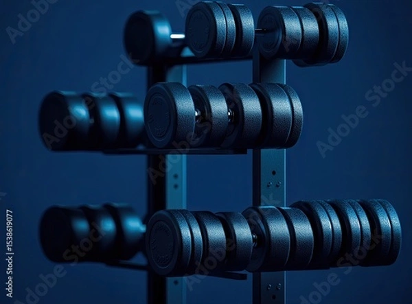 Obraz Organized dumbbells on a rack against a blue background.