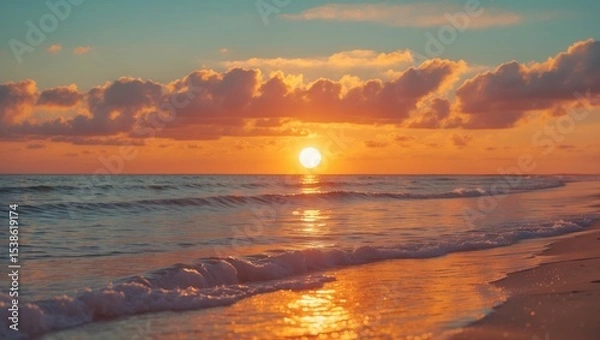 Obraz A peaceful beach sunset with a warm, golden glow illuminating the sky and reflecting on the calm waves and wet sand. Gentle clouds drift across the sky, enhancing the tranquility of the scene.