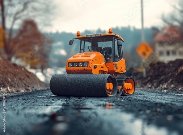Obraz Orange compact roller compactor on a road construction site.