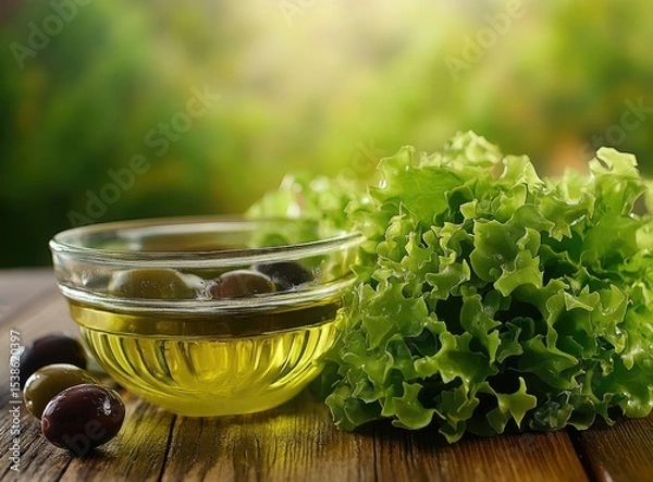 Obraz Olive oil in a glass bowl with olives and fresh lettuce on a wooden table.