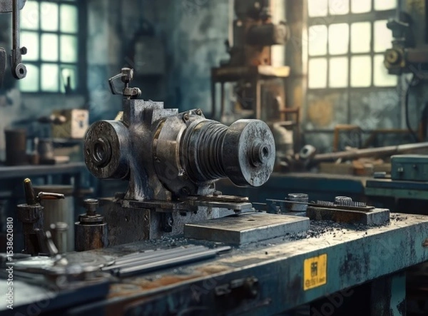 Obraz Old machinery in a dusty workshop with metal parts and tools on a workbench.