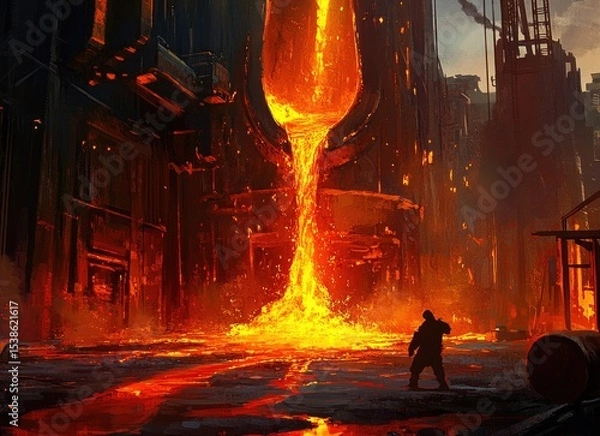 Obraz Molten metal pours from a giant vessel in a dark, industrial setting; a lone figure observes.