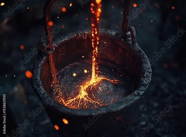 Obraz Molten metal pouring into a crucible, sparks flying.