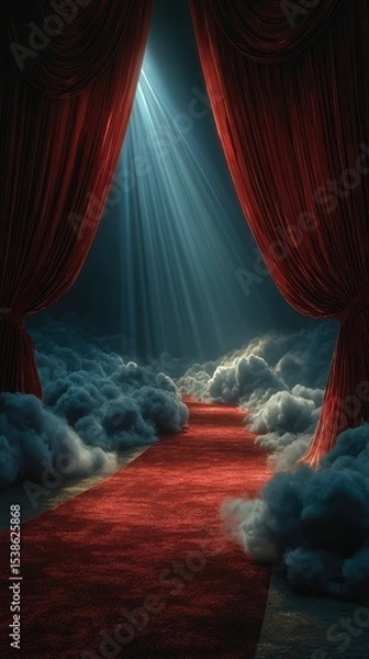 Fototapeta Enchanted red carpet leading through misty clouds with dramatic lighting and velvet curtains in a theatrical setting