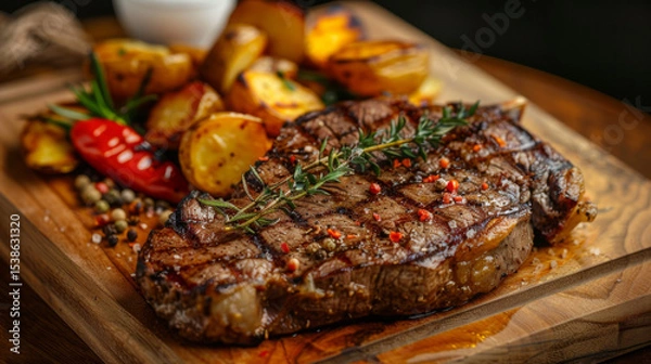 Obraz Juicy grilled ribeye steak served with potatoes and vegetables on a wooden plate.