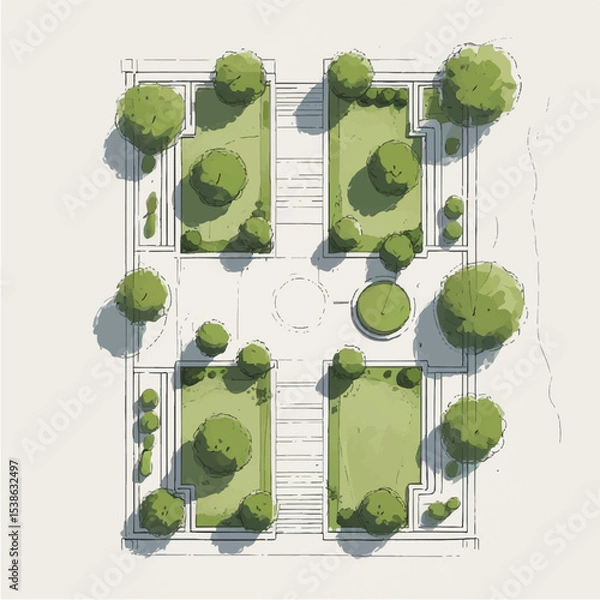 Obraz Architectural Drawings, people plan vector in park out door illustration, top view, Minimal style hand drawn, set elements for architecture and landscape