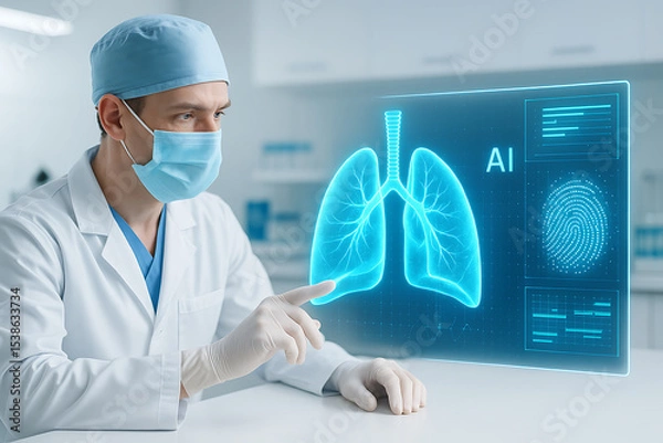 Obraz Medical professional studying advanced artificial intelligence scan of human lung anatomy in futuristic research laboratory