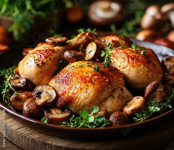 Obraz Roasted chicken legs with mushrooms and thyme on a dark plate.