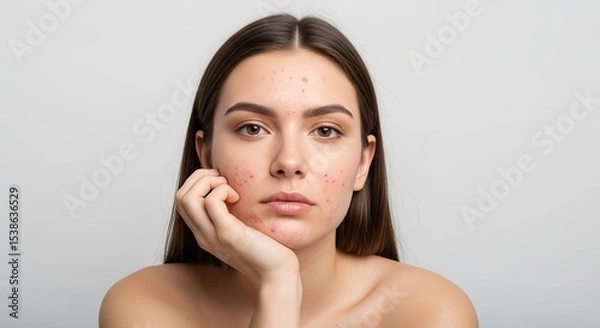 Obraz Woman with acne skin posing with hand on face portrait