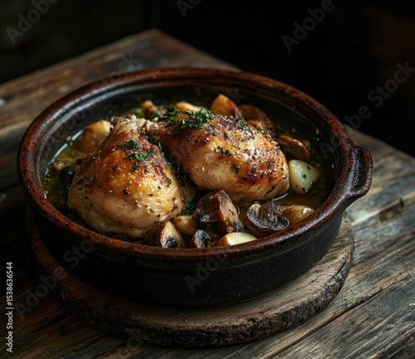 Obraz Roasted chicken legs with mushrooms and garlic in a rustic earthenware dish.