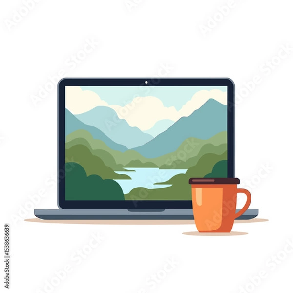 Obraz Laptop Displaying a Serene Mountain Landscape with a Cup of Coffee, Flat Vector Illustration
