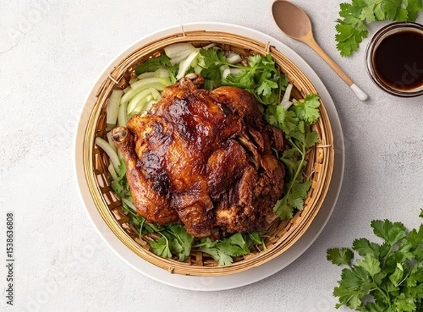 Obraz Roasted chicken in a bamboo steamer with herbs and soy sauce.
