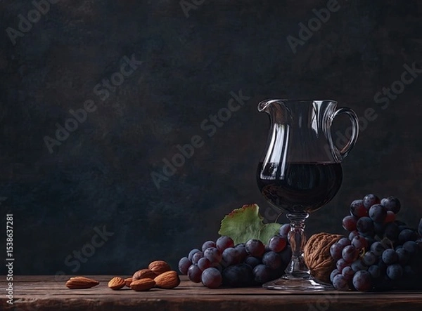 Obraz Red wine in glass decanter with grapes, almonds, and walnuts on rustic wooden table.