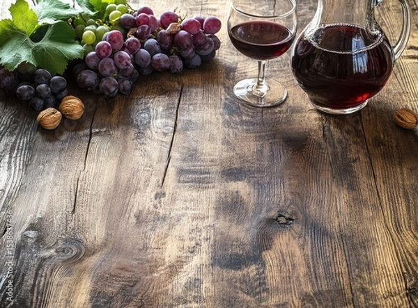 Obraz Red wine in glass and carafe, grapes, and walnuts on rustic wood.