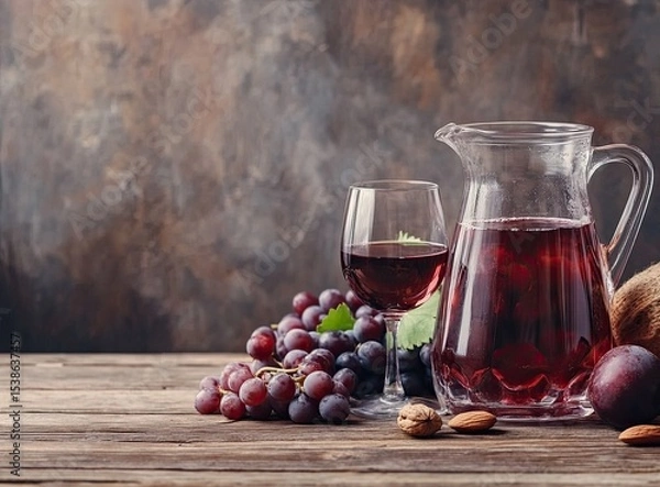 Obraz Red wine in a glass and pitcher, accompanied by grapes, plums, and nuts on a rustic wooden table.