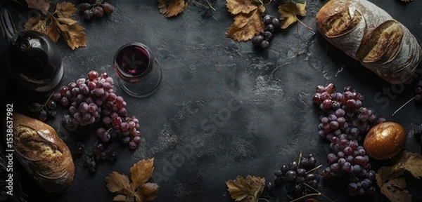 Obraz Red wine glass, grapes, bread, and autumn leaves on dark background.