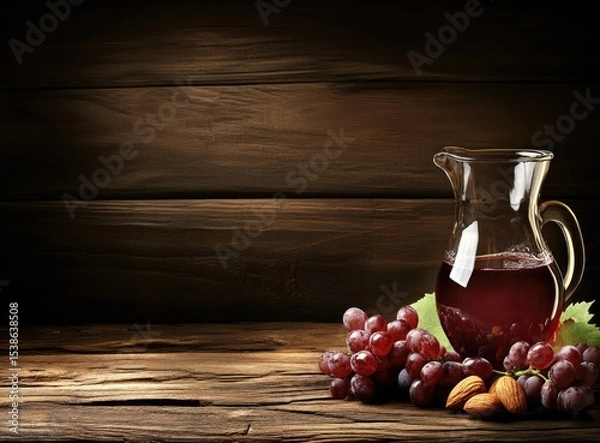 Obraz Red grape juice in a glass decanter with grapes and almonds on a rustic wooden table.