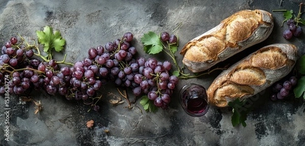 Obraz Red grapes, baguettes, and red wine on a rustic surface.