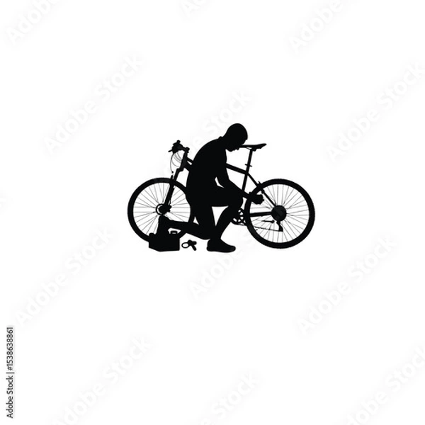Obraz man repairing bicycle silhouette on white background