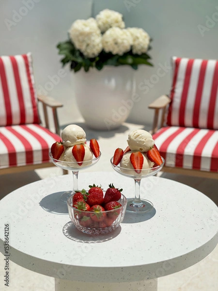 Obraz Summer terrace or balcony.  Two glass dessert bowls filled with creamy vanilla ice cream wit fresh strawberries on white  table and two  comfortable armchairs with red and white striped  cushions.