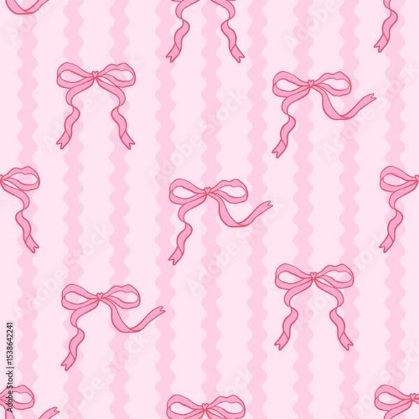 Fototapeta Seamless pattern with coquette pink bow knot on wavy striped pink background. Hair braiding accessory. Editable vector illustration for wrapping paper, packaging, fabric, room decor, phone case etc.