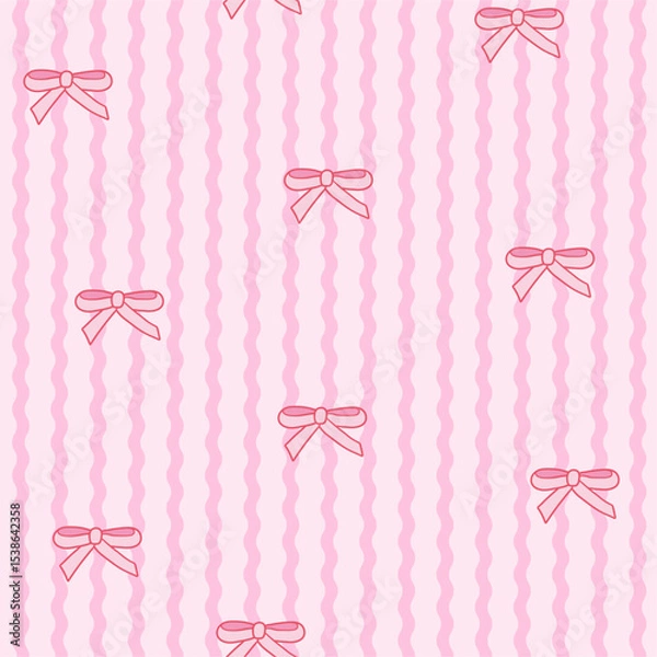 Fototapeta Seamless pattern with coquette pink bow knot on wavy striped background. Trendy hair braiding accessory. Editable vector illustration for wrapping paper, packaging, fabric, room decor, phone case etc.