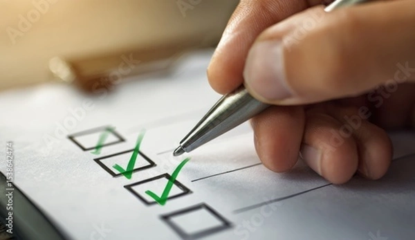 Fototapeta A hand holding a pen marks a checklist with green checkmarks