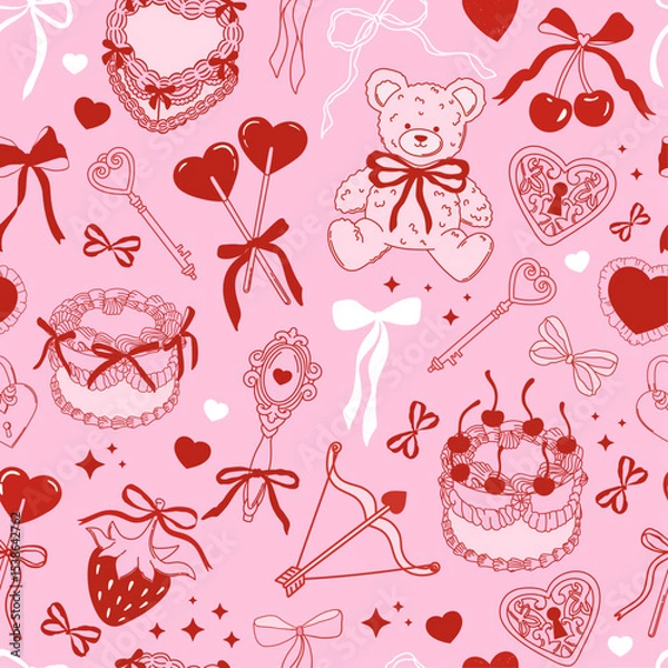 Fototapeta Seamless pattern with teddy bear, cherries, strawberry, cake and coquette bows, hearts on pink background. Valentine date. Vector for wrapping paper, packaging, fabric, room decor, phone case etc.