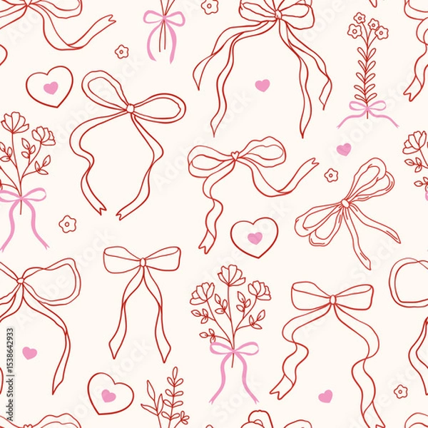 Fototapeta Seamless pattern with linear bow knots, ribbons and flower bouquets. Hair braiding accessory. Editable girly vector illustration for wrapping paper, packaging, fabric, wallpaper, phone case etc.