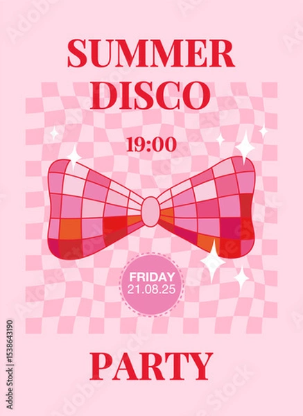 Fototapeta Retro party print with bow disco balls. Vintage, preppy wall art with disco mirror ball. Slogan summer disco party. Vector illustration for t shirt print, postcard, poster, phone case etc.