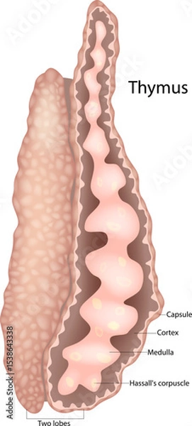 Obraz Medical illustration of the human thymus gland showing a longitudinal section with labeled parts including the capsule, cortex, medulla, Hassall's corpuscle, and two lobes.