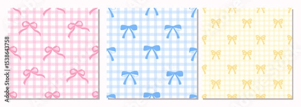 Fototapeta Set of seamless patterns with bow knots on checkered background. Geometric pastel color checkered design backdrop with bows. Vector for wrapping paper, packaging, fabric, wallpaper, phone case etc.