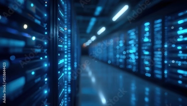 Obraz Modern server room with rows of large data center hard drives illuminated by blue lights, high resolution professional color grading, volumetric lighting, depth-of-field and photorealistic rendering.​