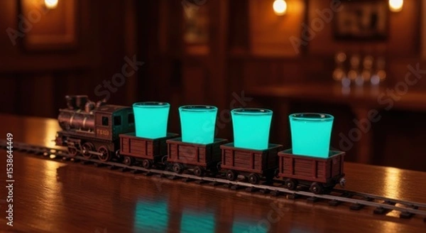 Fototapeta A whimsical train carrying glowing blue drinks on a wooden bar with warm ambient lighting