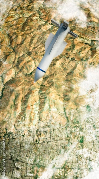 Obraz The GBU-57 MOP (Massive Ordnance Penetrator) is a precision-guided, bunker buster bomb, above the skies of Tehran, Iran. The missions are reaching and destroying deep underground bunkers. 3d rendering