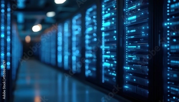 Obraz Modern server room with rows of large data center hard drives illuminated by blue lights, high resolution professional color grading, volumetric lighting, depth-of-field and photorealistic rendering.​