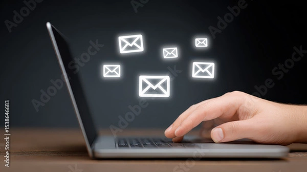 Fototapeta Digital Communication: A person is using a laptop with illuminated email icons floating above it, perfect for digital marketing.
