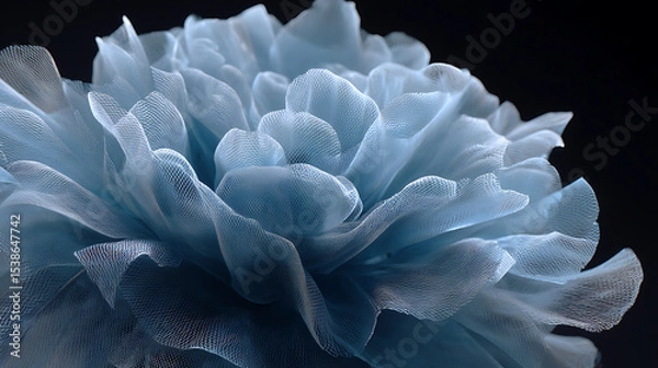Fototapeta  An ultra realistic close-up of a delicate pale blue mesh-like flower structure floating against a black backdrop with intricate translucent layers and fine net patterns