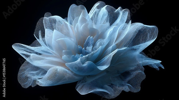 Obraz  An ultra realistic close-up of a delicate pale blue mesh-like flower structure floating against a black backdrop with intricate translucent layers and fine net patterns