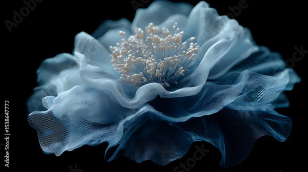Obraz  An ultra realistic close-up of a delicate pale blue mesh-like flower structure floating against a black backdrop with intricate translucent layers and fine net patterns