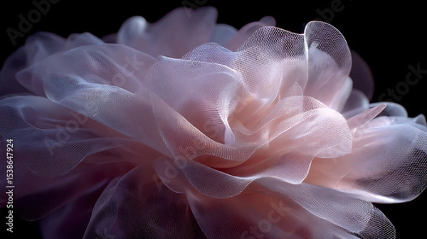 Obraz  An ultra realistic close-up of a delicate pale pink mesh-like bloom hovering against a dark backdrop showcasing intricate translucent layers and fine net-like texture