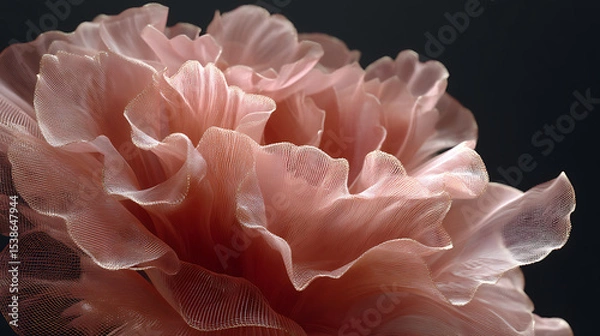 Fototapeta  An ultra realistic close-up of a delicate pale pink mesh-like bloom hovering against a dark backdrop showcasing intricate translucent layers and fine net-like texture