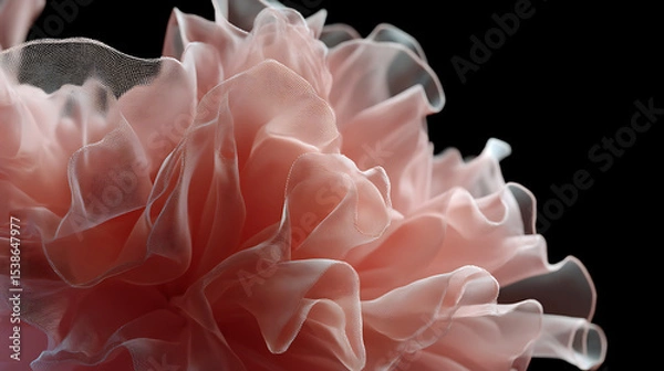 Fototapeta  An ultra realistic close-up of a delicate pale pink mesh-like bloom hovering against a dark backdrop showcasing intricate translucent layers and fine net-like texture