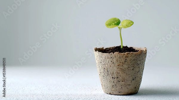 Fototapeta A fresh young green seedling with cotyledon leaves emerges from soil inside a textured biodegradable pot placed on a clean white surface against a neutral background