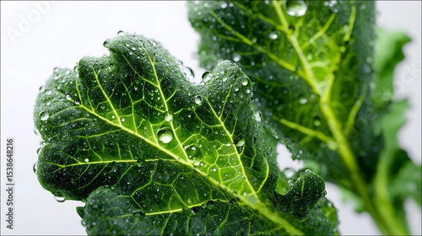 Fototapeta  A vibrant close-up of dark green kale leaves with water droplets suspended and rolling off the surface set against a bright white background capturing the freshness and texture