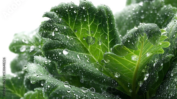 Fototapeta  A vibrant close-up of dark green kale leaves with water droplets suspended and rolling off the surface set against a bright white background capturing the freshness and texture