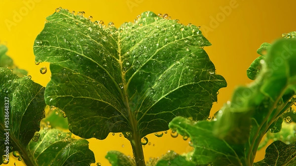 Fototapeta A vivid close-up of fresh kale leaves covered in sparkling water droplets set against a bright yellow background emphasizing the contrast and texture of the leafy surface